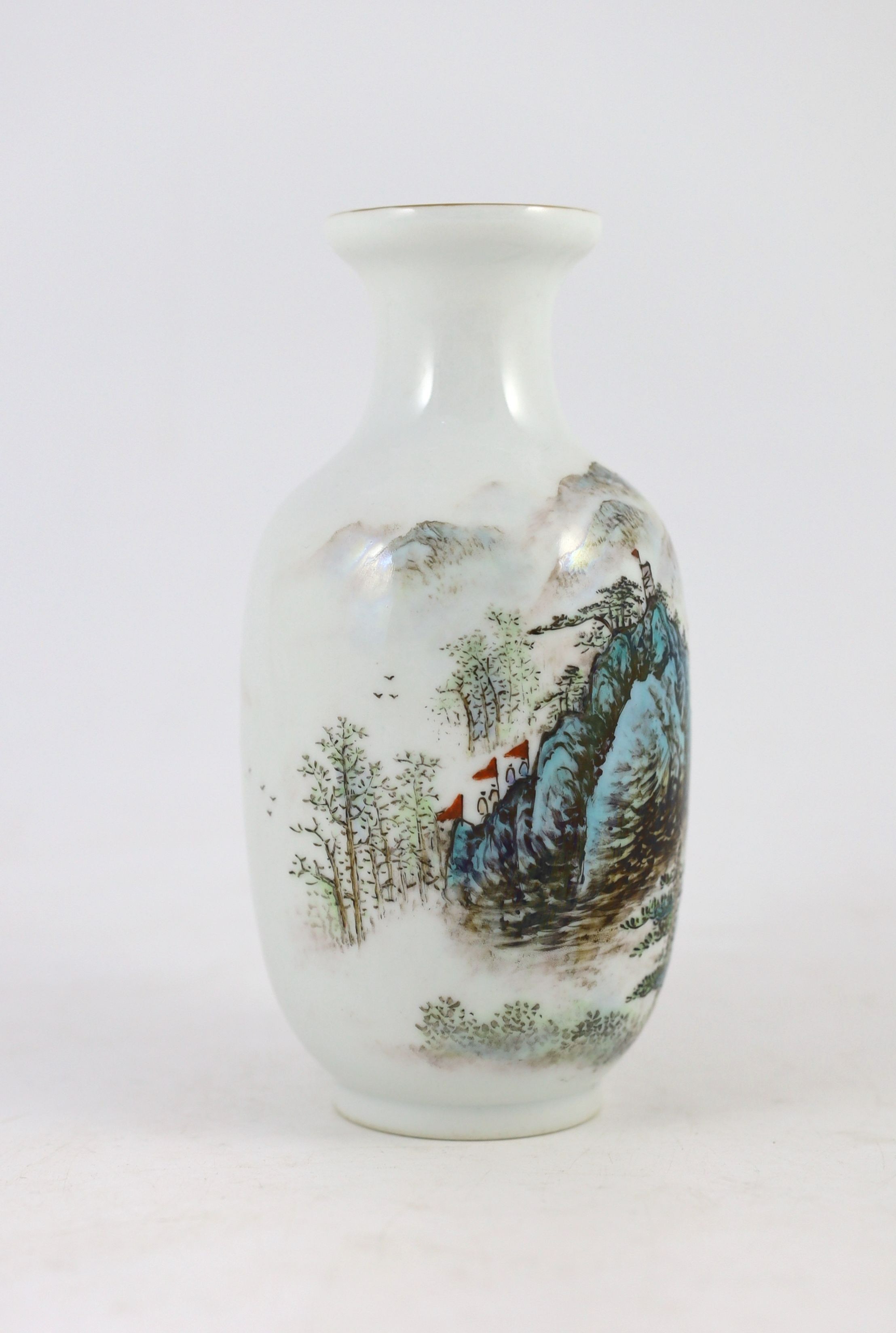 A Chinese landscape baluster vase, circa 1950, 19cms high.
